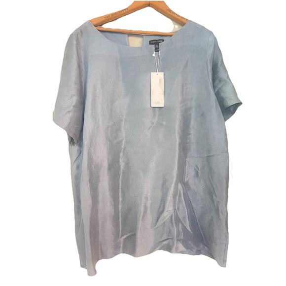 Eileen Fisher Minimalist Capsule Blue Steel V-Back 100% Silk Dupioni Blouse XL - Picture 2 of 7